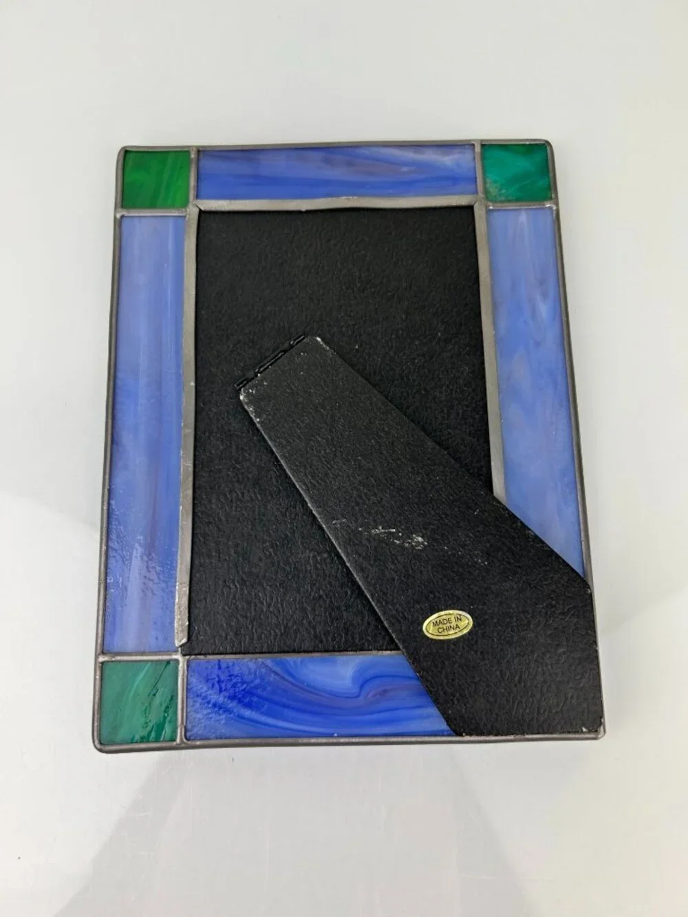 Vintage Stained Glass & Metal Picture Frame Blue Green Silver Home Decor